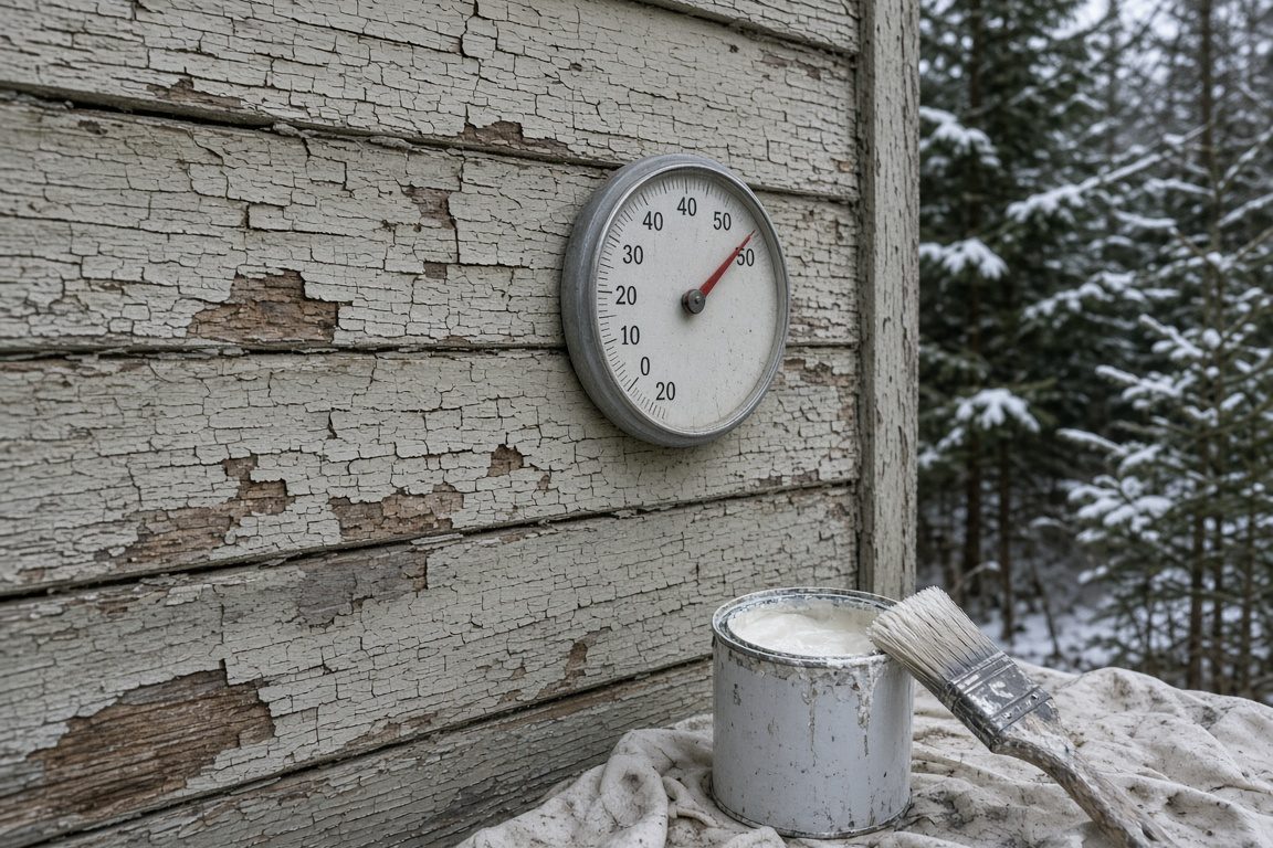Illustration of cracked paint on wood siding beside primer and a brush