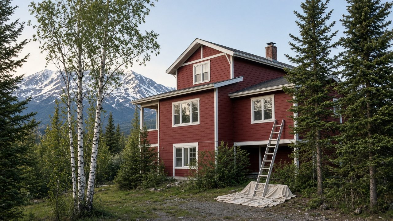 Illustration of a 1970s split-level house with freshly painted siding and mountains behind
